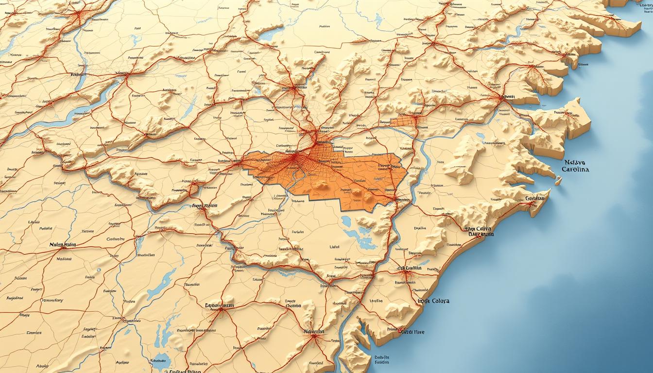 Map of North Carolina and South Carolina: Showing 39 Counties/Features