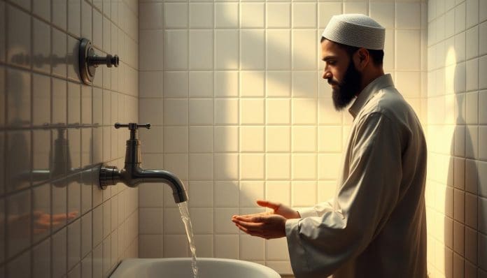 صفة الوضوء وحكم الاستنجاء قبله