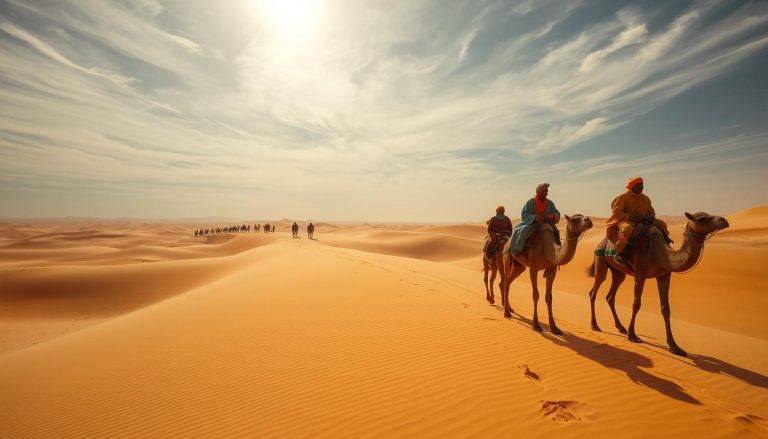 ما هي قوافل الجمال (camel trains) وما دورها التاريخي في التجارة والنقل الصحراوي؟