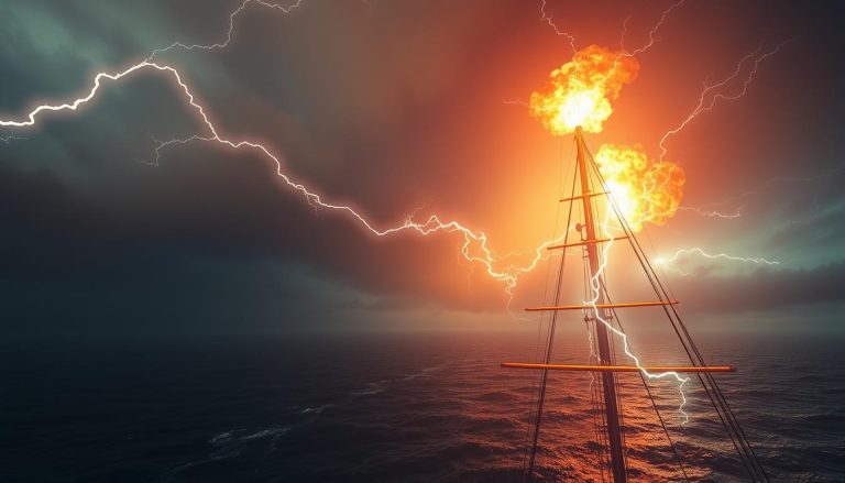ما اسم التفريغ الكهربائي الشبيه باللهب فوق صواري السفن؟
