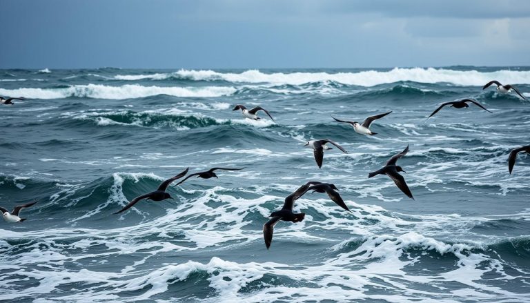 أين تقضي طيور النوء العاصفية (storm petrels) معظم حياتها؟